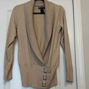 Beige Shawl Collar Women's Sweater Cardigan with Buckle Detail